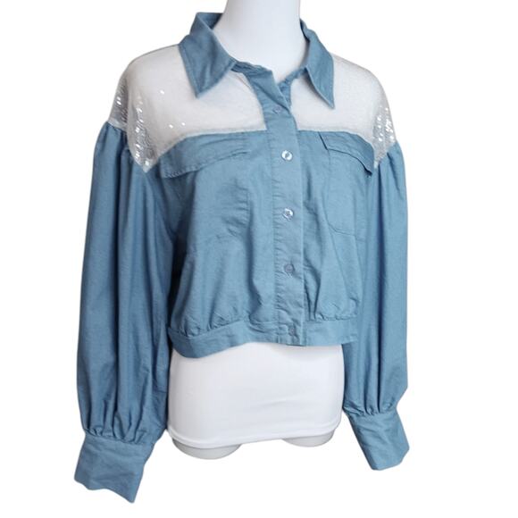 Western Crop‎ Top Blouse XL Puffy Sleeves Mesh Sparkly Sequins Coquette Country - Picture 9 of 10